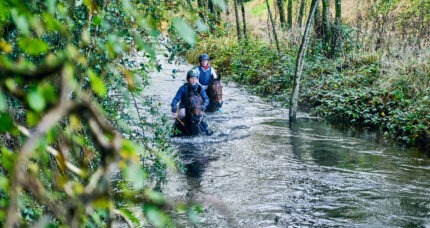 A couple horse riding through a lush forest stream near The Anner Hotel.