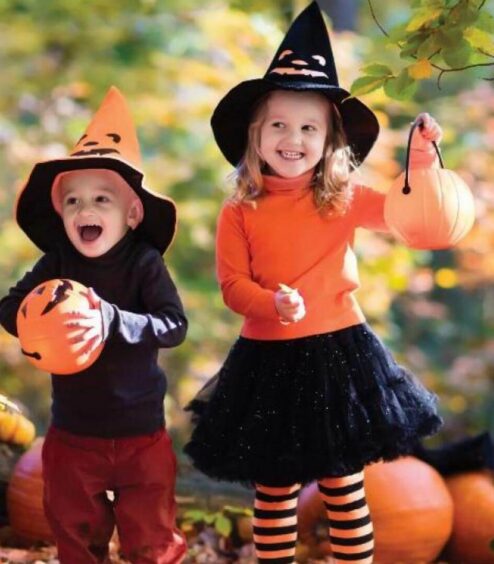 Two children in Halloween costumes holding pumpkins in an autumnal garden setting.