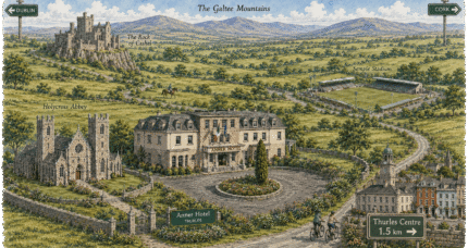 Family exploring lush grounds near The Anner Hotel, with scenic views of Irish landmarks.
